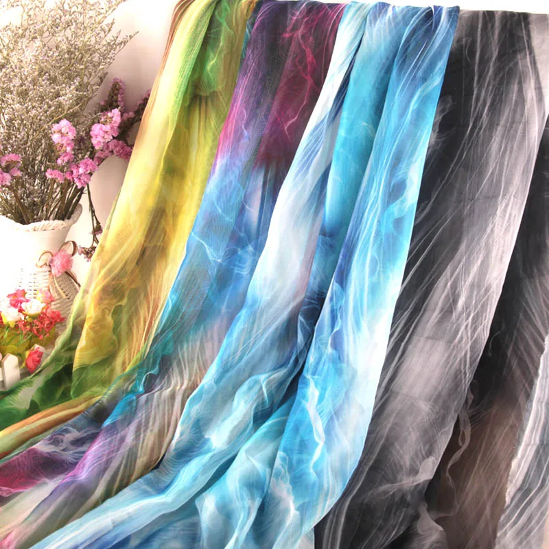 Soft Lightweight Gradient Ink Printed Silky Chiffon Fabric Tulle Gauze Fabric For Dress,Scarf,Black,Blue,Red,by the meter