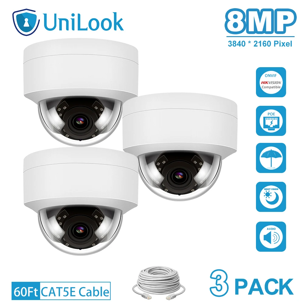 IP камера UniLook 4K 8 Мп POE 3 шт. в посылка встроенный микрофон IP66 ИК 30 м совместима с