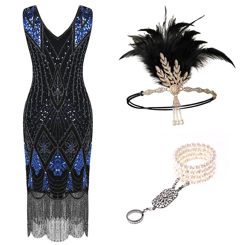 Blue(New) 1920s Flapper платье Great Gatsby вечерние платья с блестками и бахромой - Цвет: Blue(New)