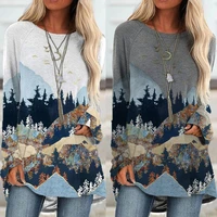 womens mountain treetop print long sleeve t shirt women fashion sweatshirts tops casual round neck loose cotton pullover