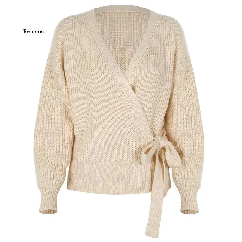 

Autumn and Winter Women's Fashion Casual V-Neck Lace Knit Solid Color Sweater Pullover Short Sweater