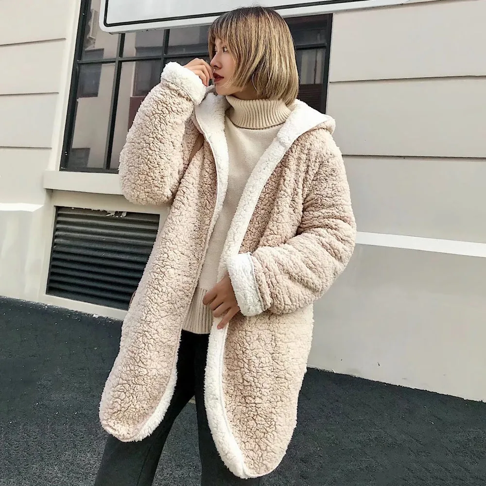 

2021 Winter Women Wool Overcoat Fashion Casual Solid Color Patchwork Cardigan Loose Hooded Collar Long Sleeve Thicken Lady Coat