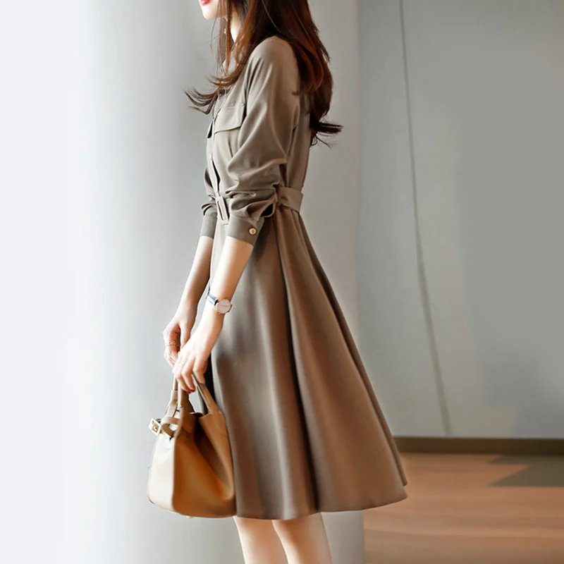 

Lace-up Waist Mid-Length A- line Dress for Women Early Autumn Light Luxury Workplace Commuting Elegant Slim-Fit Long Sleeves