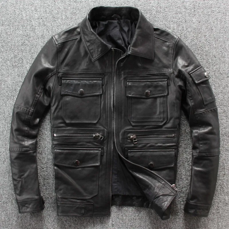 Куртка-карго мужская из натуральной овечьей кожи с несколькими карманами