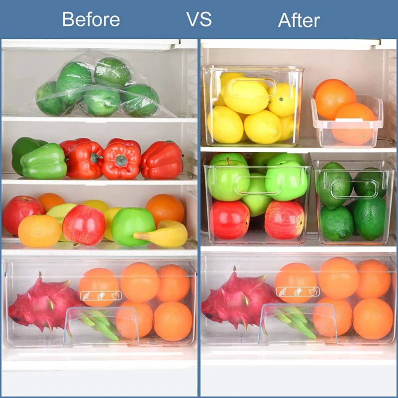 

Set of 6 Refrigerator Storage Bins with Handle, Plastic Organizer Container for Kitchen, Pantry, Freezer, Countertops