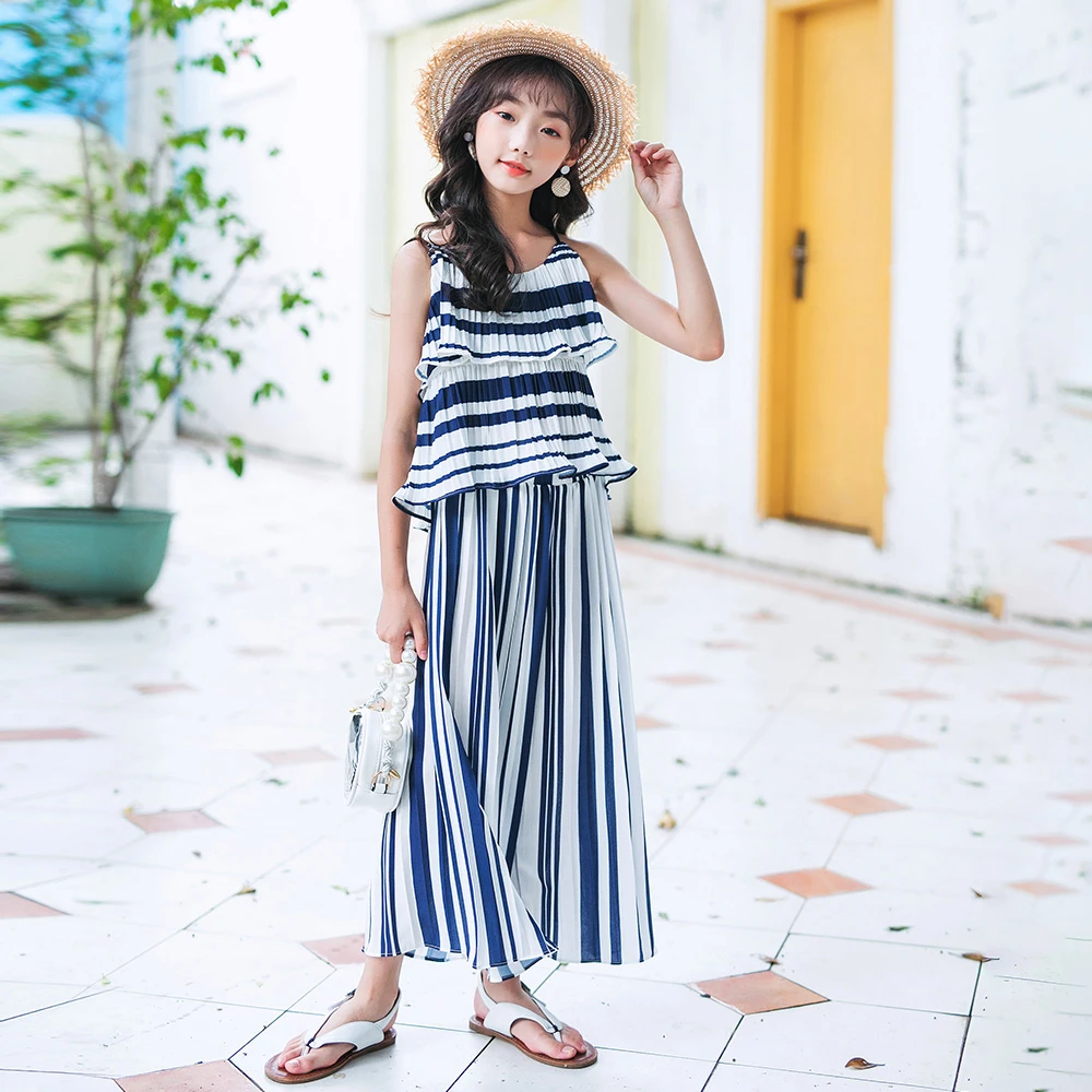 

Teenage Girl Summer Chiffon Clothes Set 2020 Kids Clothing Set Sling Tops + Striped Loose Pants 2 Pcs Children Outfits For 6 -16
