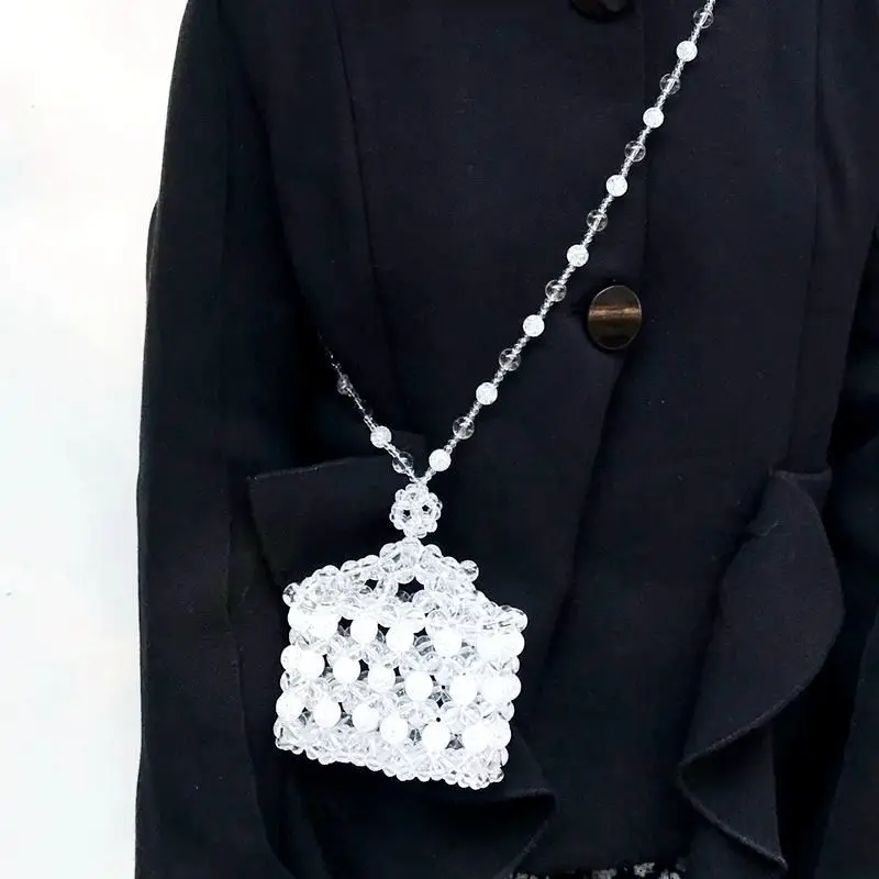

Fashion Transparent Beaded Female Bag Crystal Crown Small Box Lipstick Necklace Bag Niche Luxury Brand Designer Beaded Bag