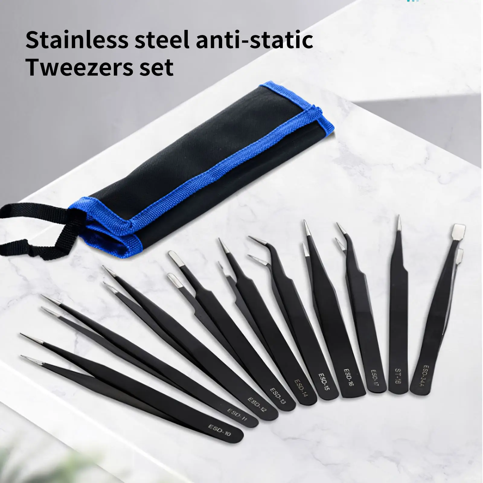 

10Pcs Anti-static Tweezers Electronics Stainless Steel Tweezer Curved Straight Repair Tool Industrial Tweezers Hand Tool Set