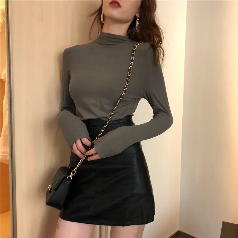 Женская Однотонная футболка с высоким воротником DAYIFUN осенне зимняя длинными