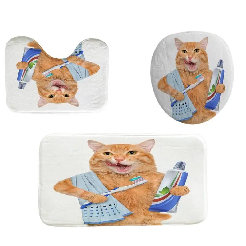 

4PCS/Set Toothpaste cat Shower Curtain Bath Curtain Waterproof Polyester Shower Curtain Non-Slip Bathroom Rugs Bath Mat Set