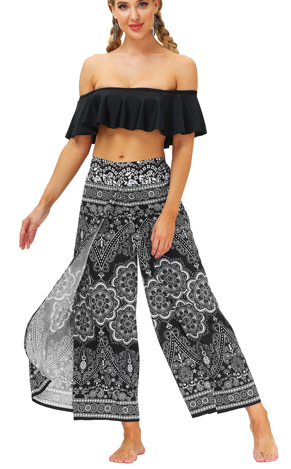 

Women Split Pants Bohemian Wide Leg Yoga Pants, Hippie Loose Palazzo Aladdin Training Casual Beach Trousers