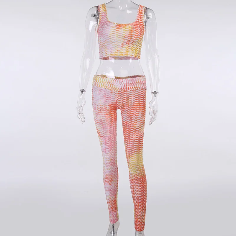 

High Street 2020 Winter Style Sleeveless Tie-dyed T-shirt Long Pants Fish Scale Shape Two Piece Women Set Fashion Women's Set