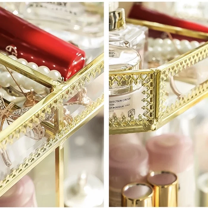 Antique Spacious Mirror Glass Cosmetic Storage Cube Set with 3 Tier Dustproof Drawers Vanity Tray/Gold Metal Makeup | Дом и сад