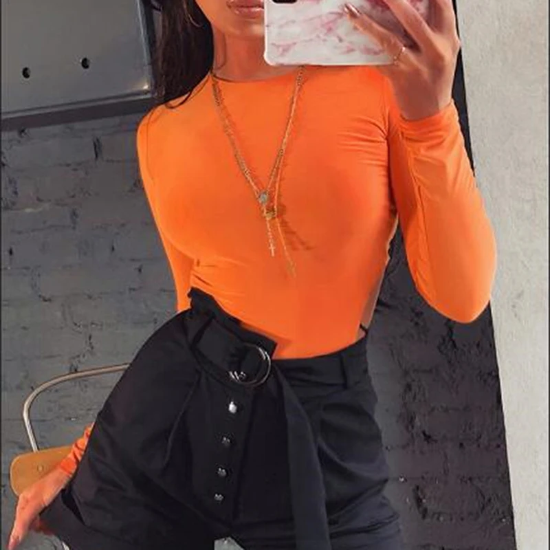 GAOKE Bodycon Sexy Neon Orange Bodysuits Women Autumn 2021 Long Sleeve Solid Winter Basic Body Suit Female O Neck Black