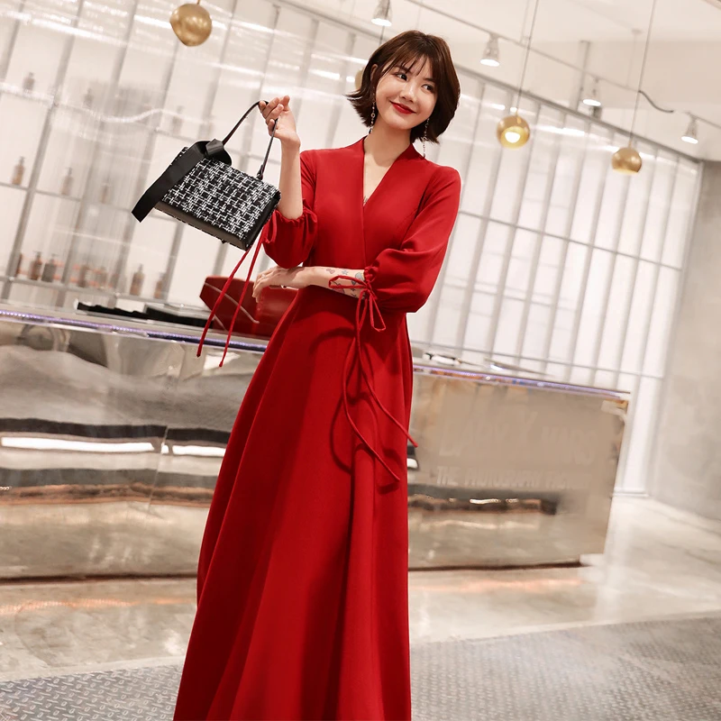 Красные женские Высокая Талия v-образным вырезом Вечерние платья модные класса