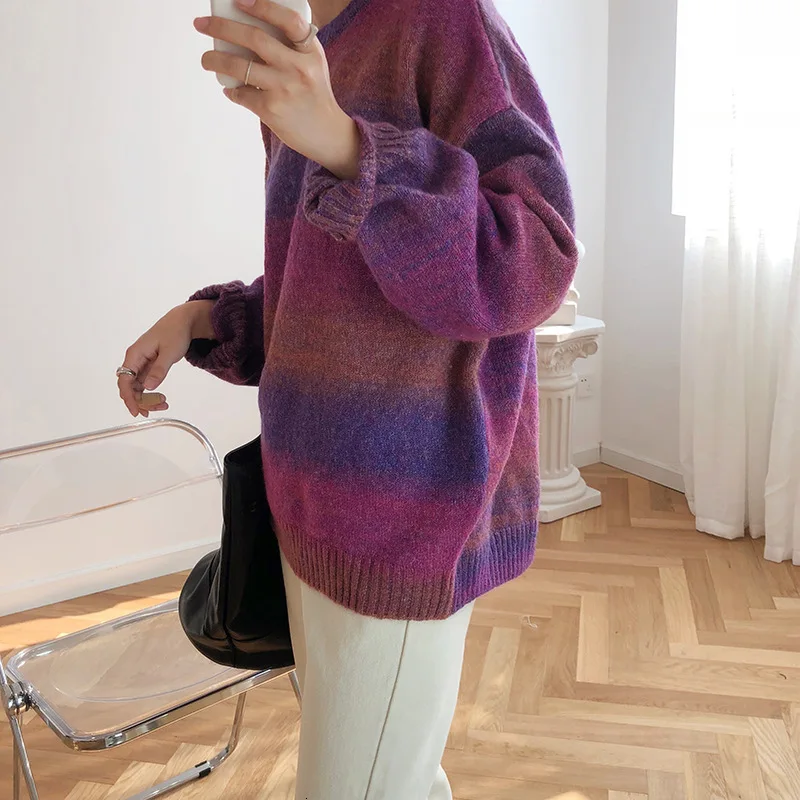 

Gradient Color Mohair Striped Sweater Women Loose Autumn Winter Panelled Knitting Pullovers Latern Sleeve Jumper Tops