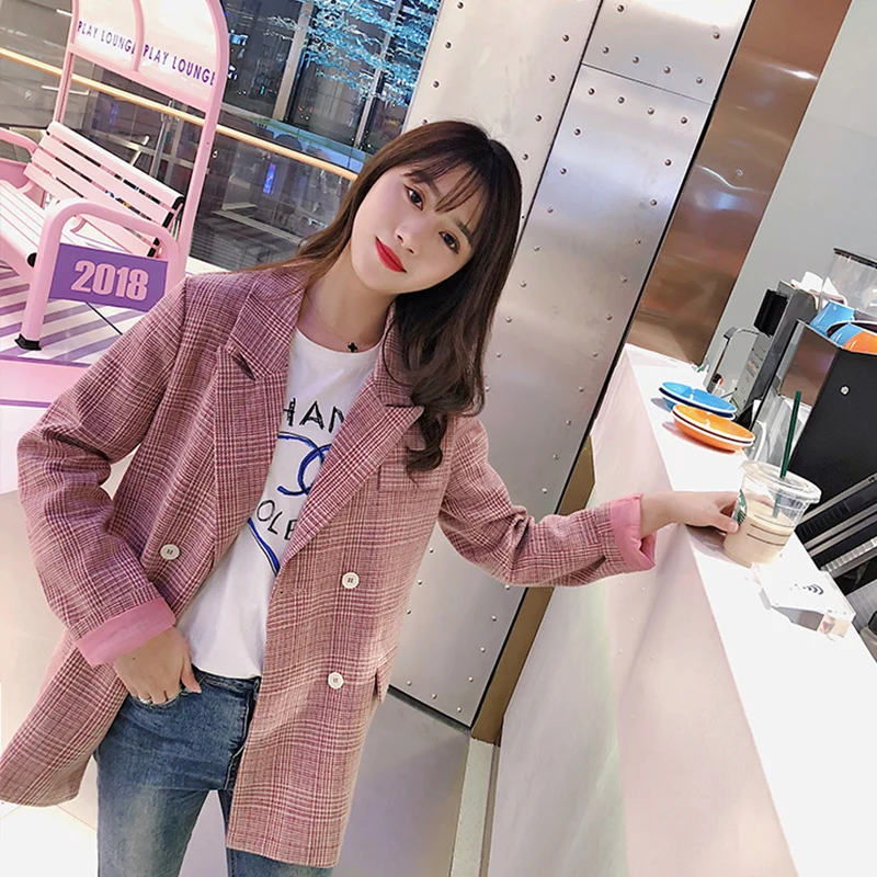 Женский винтажный блейзер в клетку розовый Свободный Повседневный простой