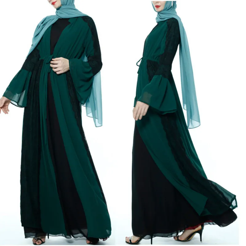 2019 Elegnat кружево Сращивание мусульманское Открытое платье абайя хиджаб Maxi