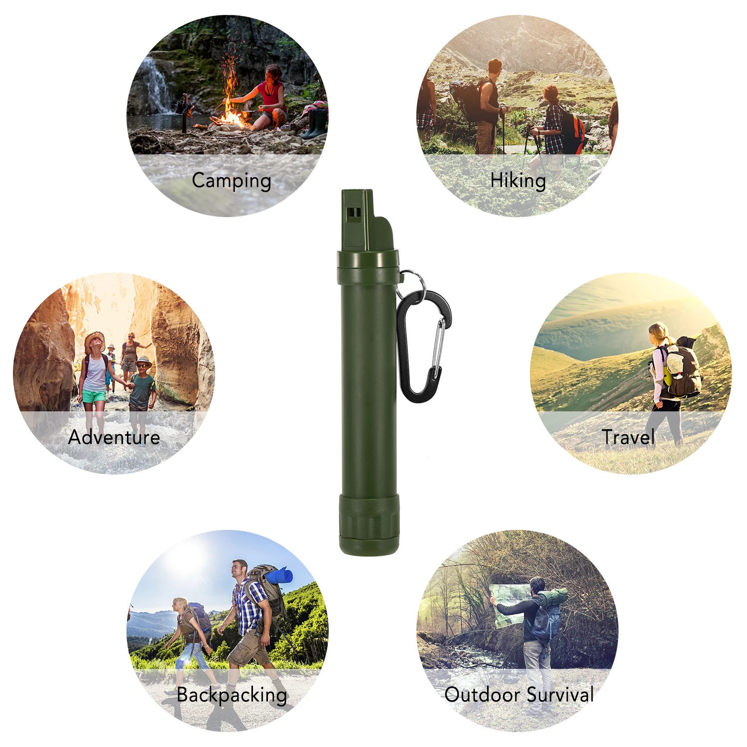 

Water Filter Straw Water Filtration Purifier with Compass Whistle Signal Mirror Carabiner Emergency Multifunctional Outdoor Tool