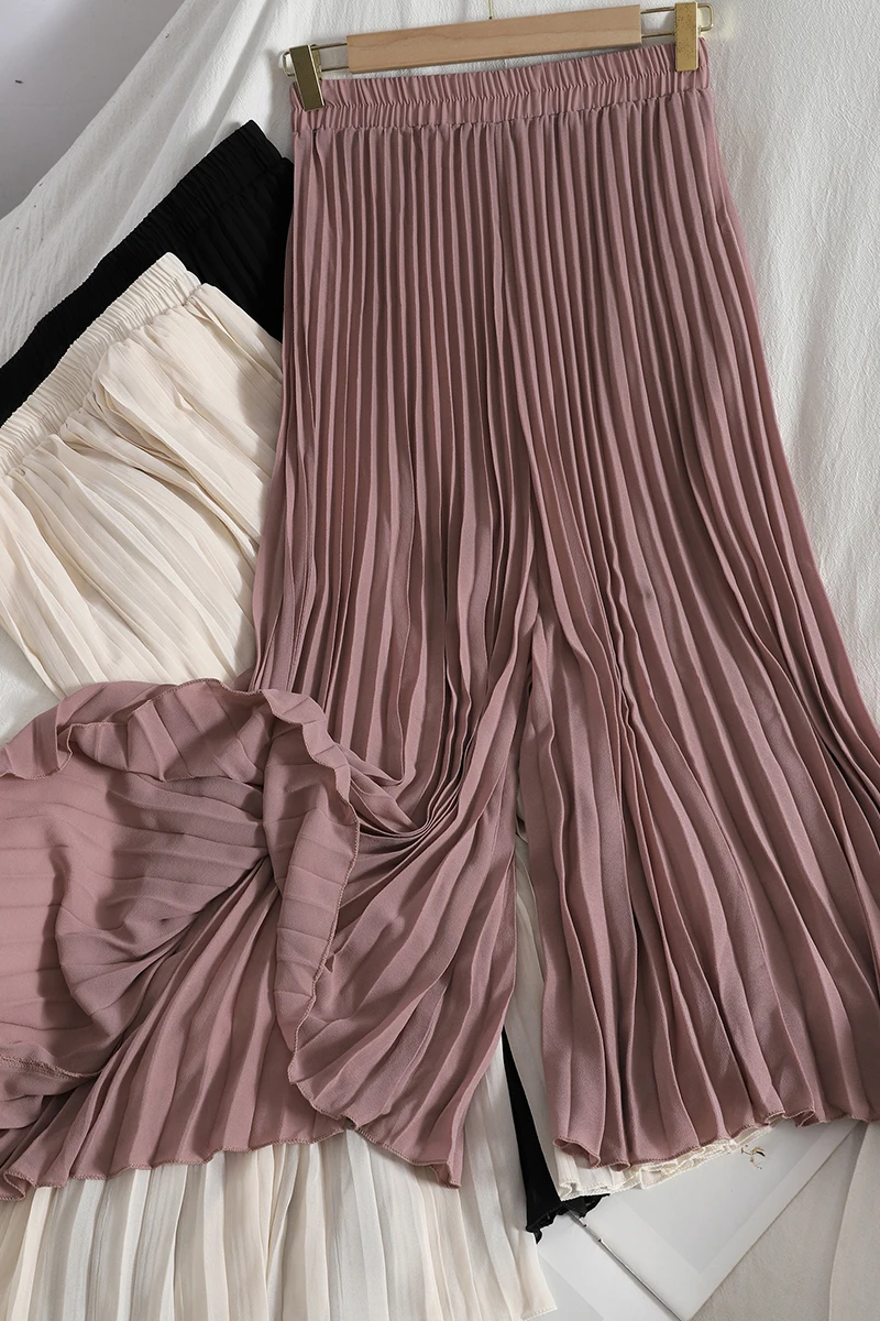 

Summer Chiffon Casual Pants Women's Korean Style Slimming Loose Pants Female Solid Color High Waist Pleated Wide Leg Trousers