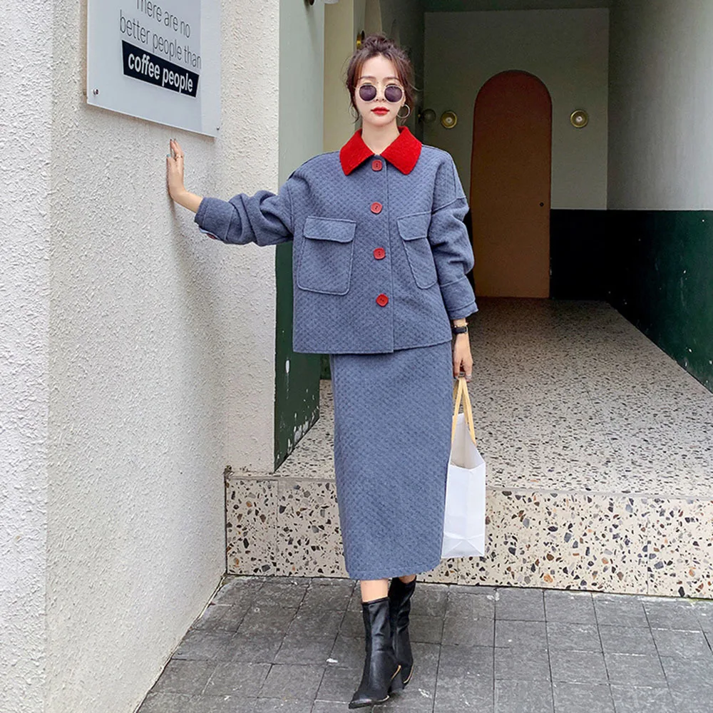 

Vintage Woolen Suits Blue 2021 Korea Elegant Winter Women Tracksuits Outfits Femenino Jacket Coat Skirt Two Piece Set Female