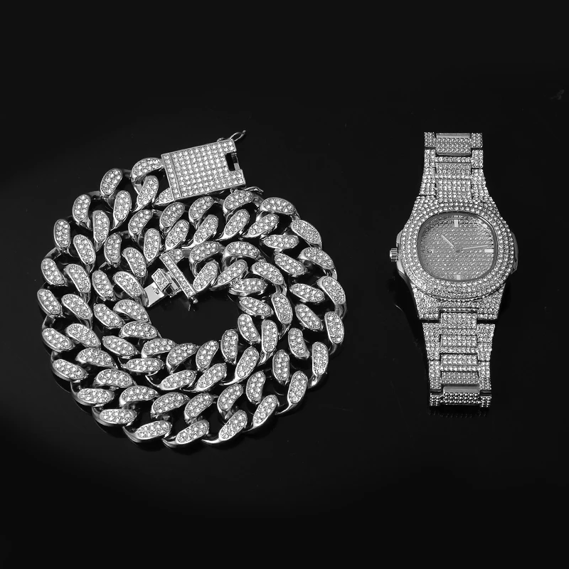 Ожерелье браслет и часы в стиле хип-хоп 1 комплект 20 мм кубинская цепочка из