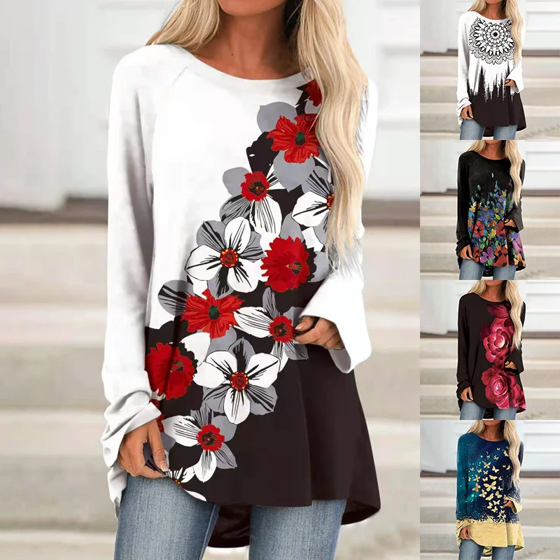 

2021 autumn new women's clothing European and American urban street trend print round neck long-sleeve loose T-shirt ladies top