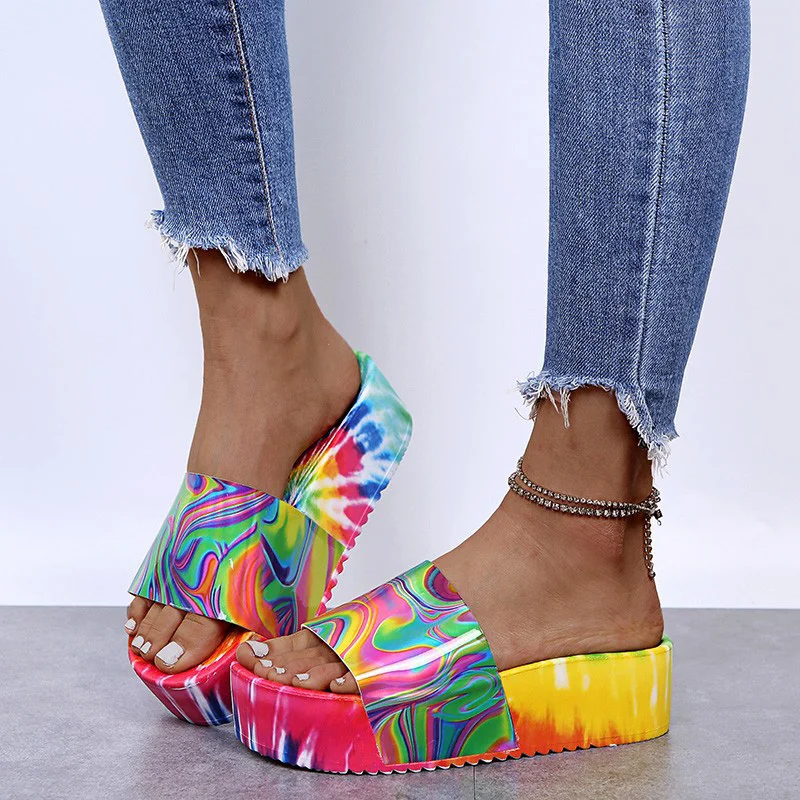 

Summer Women Slippers 2020 Women's Print Flat Platform Rainbow Color Woman Outdoor Beach Shoes Ladies Slides Women's Big Size