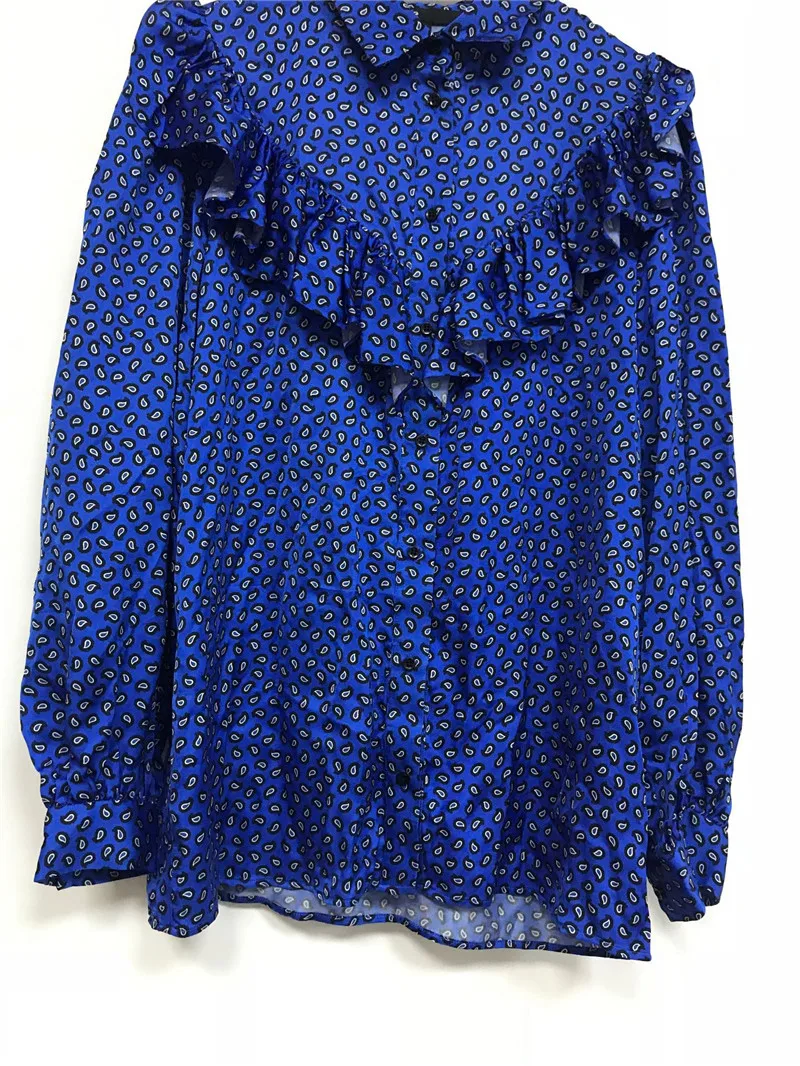 

Women's Long Sleeve Shirt Fashion Blouses 2019 France Fall/Winter New Lapel Ruffled Leopard Print Loose Chiffon Blue Tops Shirt