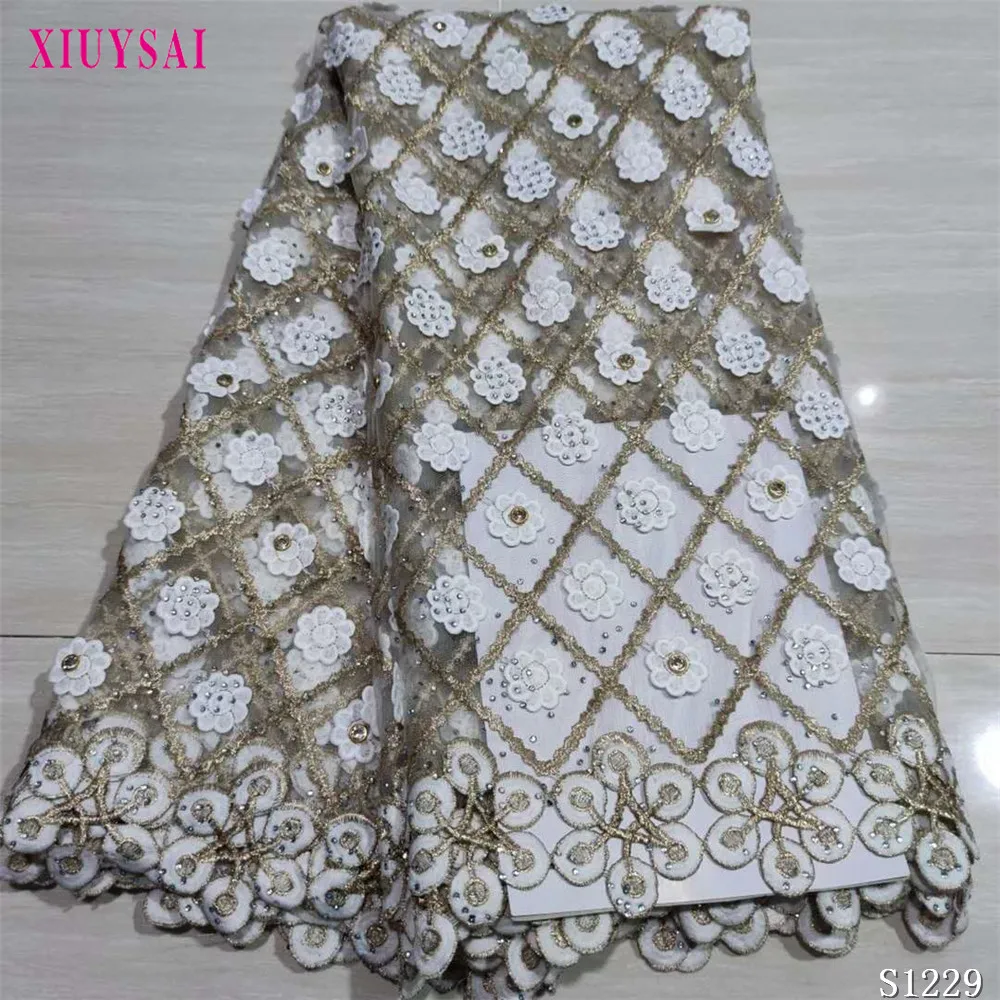 

African Lace Fabric 2020 French Cord Lace Fabric Embroidered Nigerian Tulle Lace Fabric With Stones For Wedding dress P1229