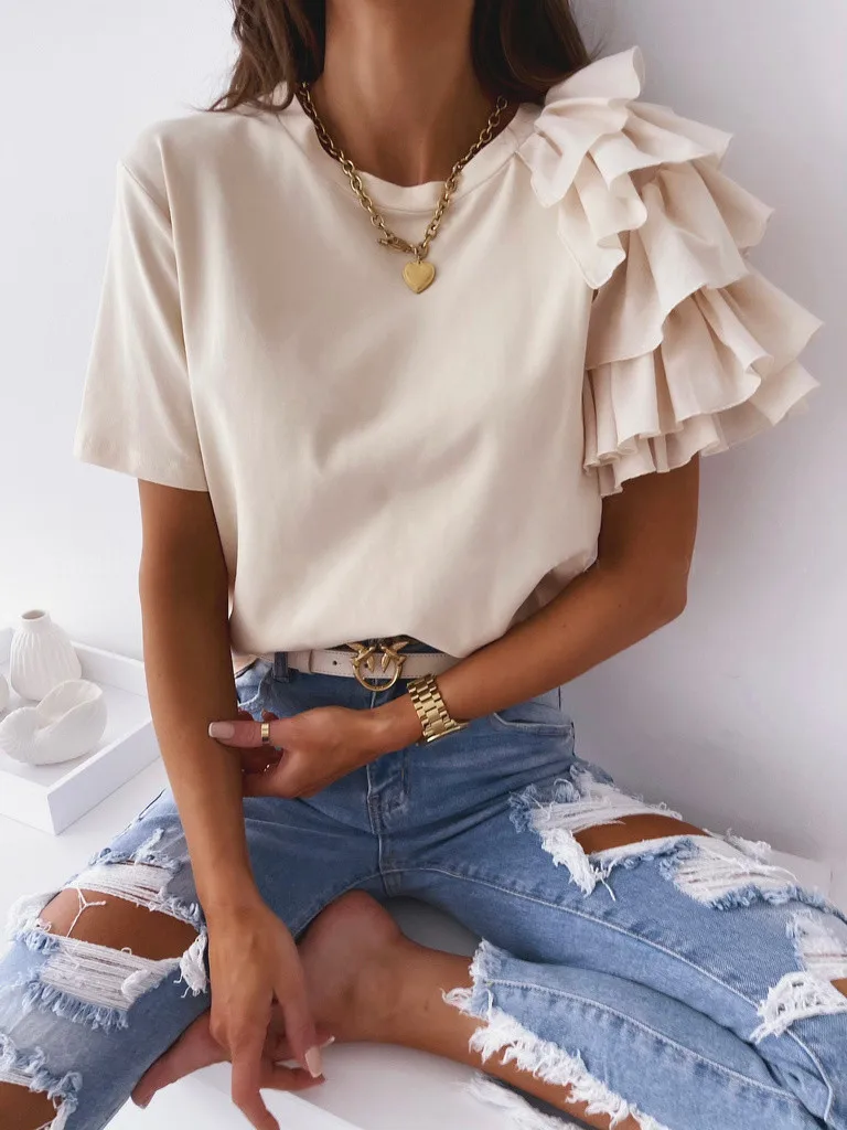 

New women's summer simple and fashionable stitching ruffled short sleeve round neck ladies casual and comfortable T-shirt