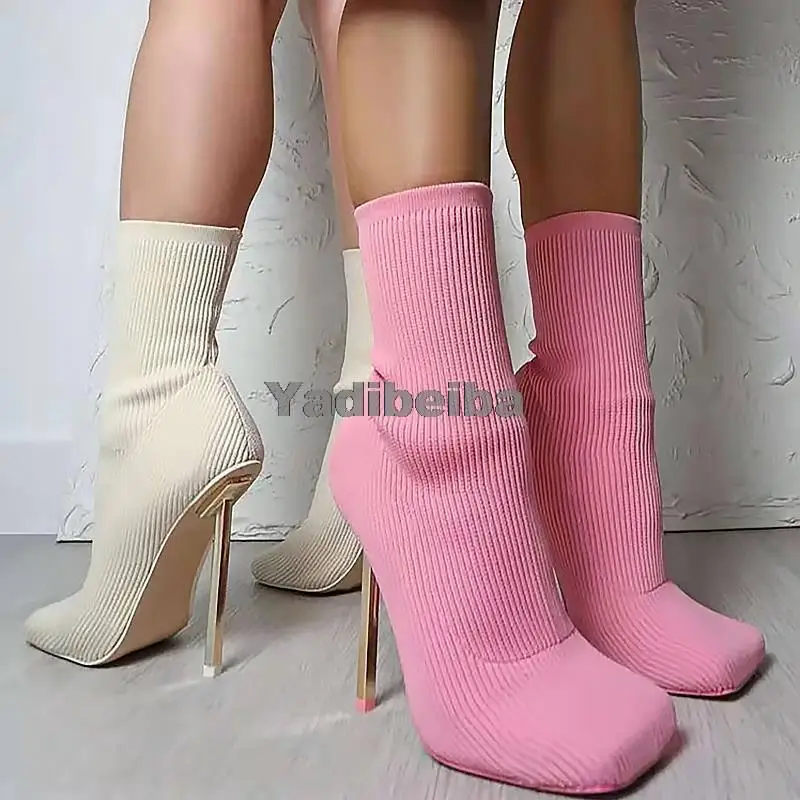 

Brand Women Boots Slip On Western Ankle Boots High Heels Ladies Autumn Socks Boots for Women Shoes Fashion Female Booties 2021