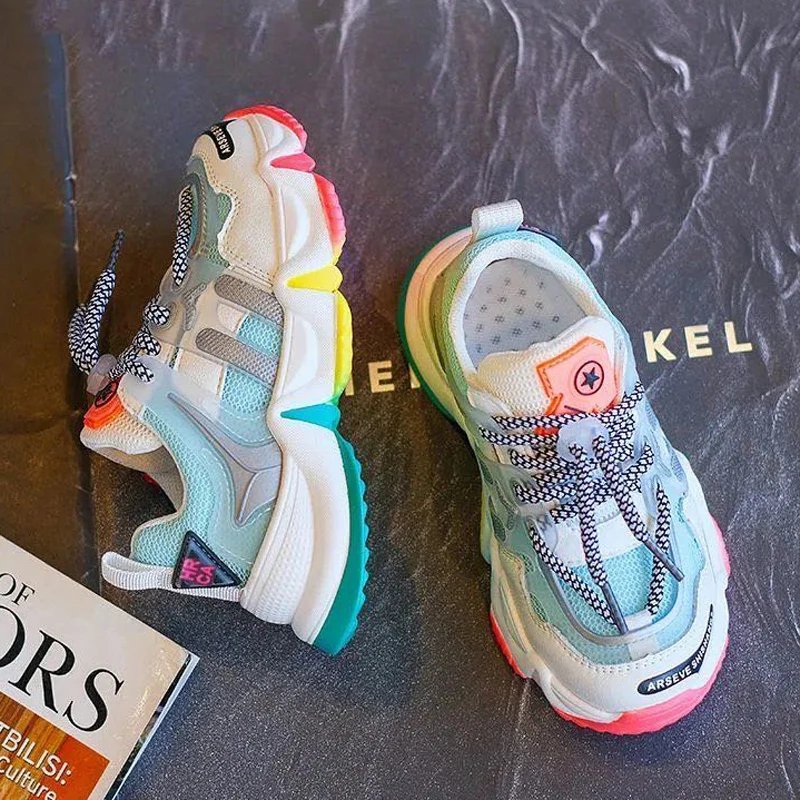 New Summer Kids Sport Shoes For Girls Sneakers Rainbow Students Breathable Mesh Children Running Light Toddler | Детская одежда и
