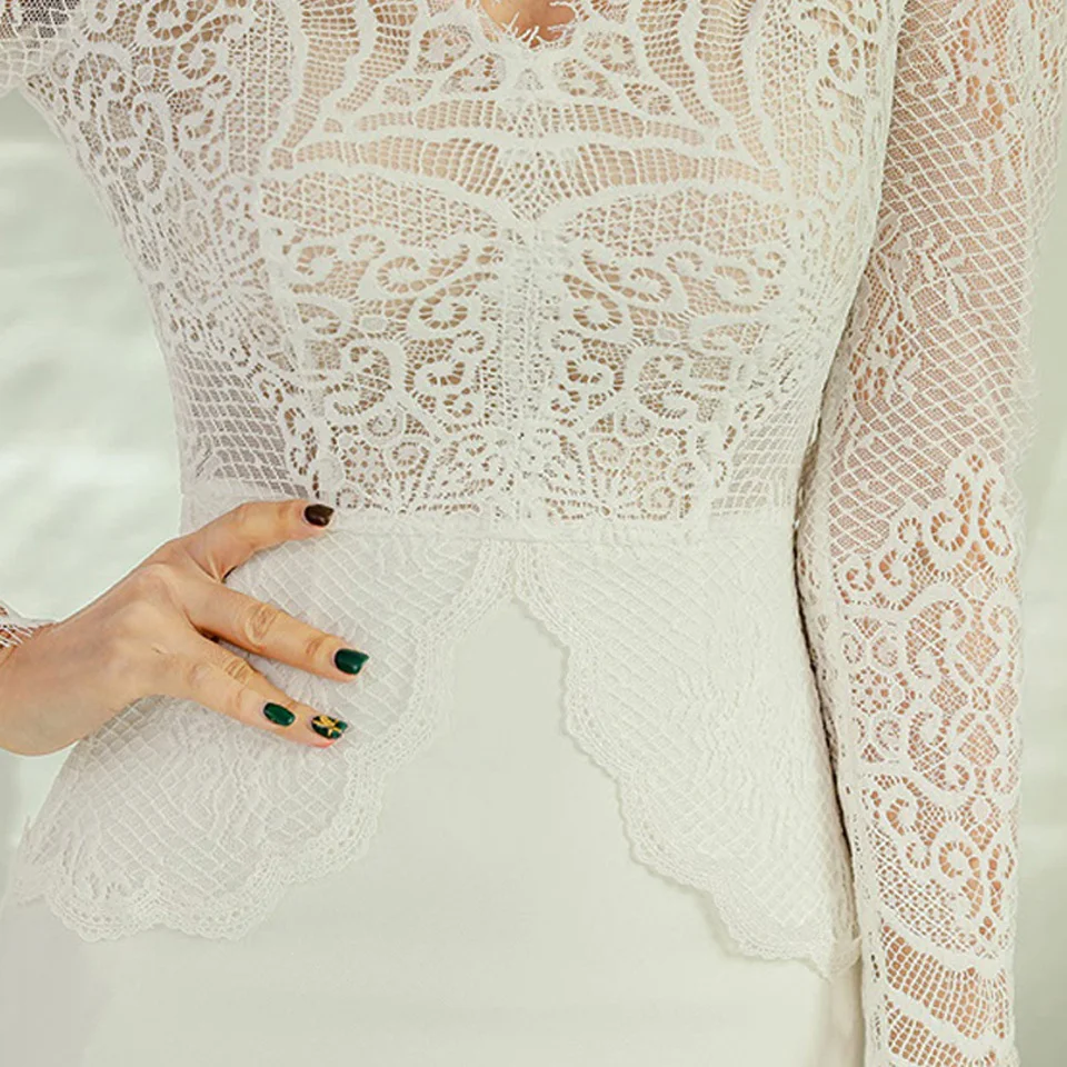 

White Black Elegant Party Dress 2021 Summer Upper Part Stitching Sexy Lace V-Neck Long Sleeves High Waist Tight Dress Women