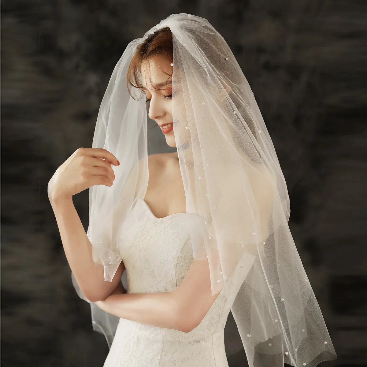 

New Simple Wedding Veil Bride Wedding Headdress Photo Studio Veil With Pearls Double Layer Party Decorations