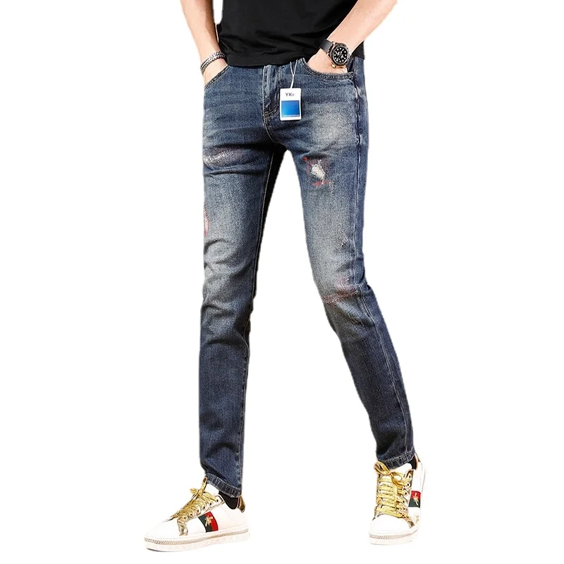 Men Blue Jeans Casual Pants Vaqueros Clothing Fashion Streetwear Ripped Embroidered Jean Straight Leg Slim Fit Denim Trousers