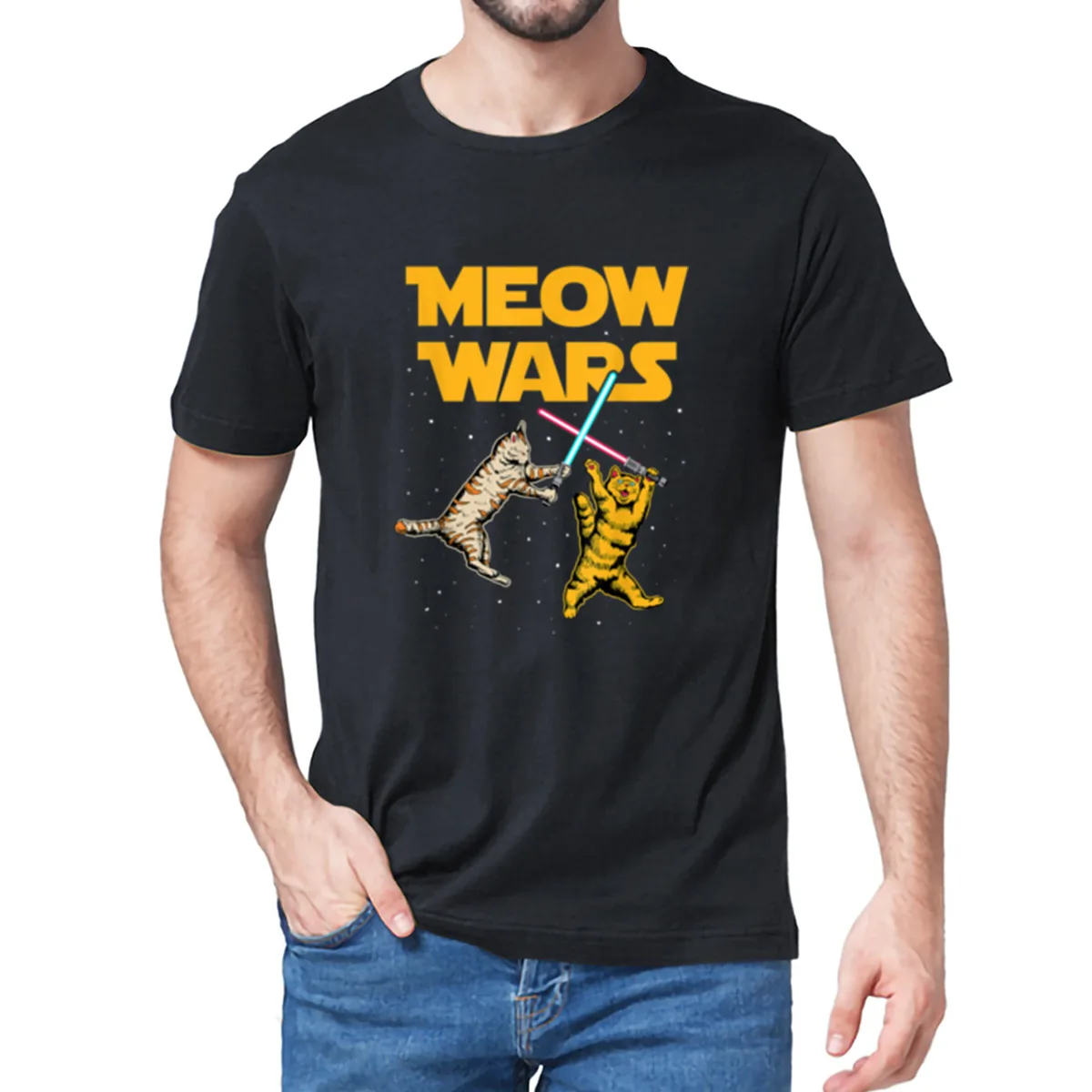 

Meow Wars - Funny Cat Lover Gift Vintage Summe Men's 100% Cotton Novelty T-Shirt Unisex Humor Funny Women Soft Top Tee