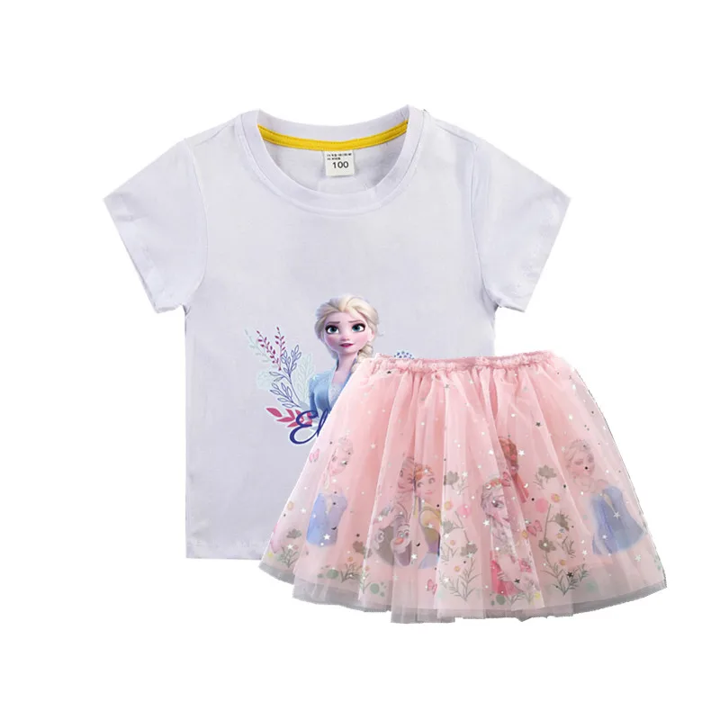 

Летний модный комплект детской одежды, Детский костюм, одежда для маленьких девочек, рубашка с коротким рукавом и сетчатая юбка с принтом «Х...