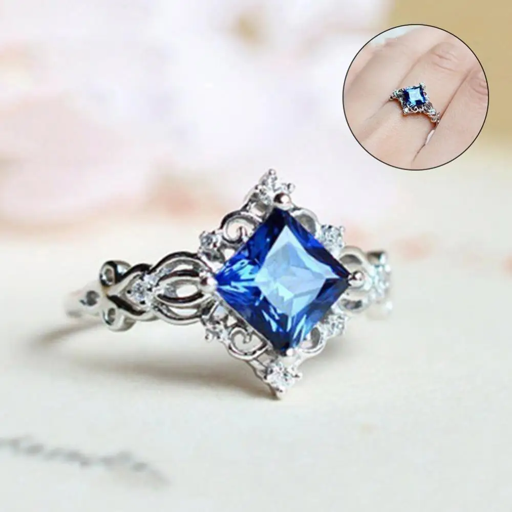 

Hot Sales!! Vintage Women Hollow Flower Princessed Cut Faux Sapphire Inlaid Ring Jewelry Gift
