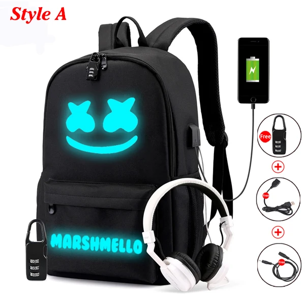 Черный DJ Marshmellow школьная сумка для подростков, светящиеся для мальчиков и девочек, сумка для книг, повседневный студенческий рюкзак, школьные подарки для детей, обратно в колледж - Цвет: Черный