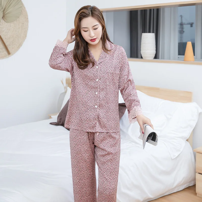 

Silky Pajamas Set Female Leopard 2PCS Shirt&Pants Casual Sleepwear Intimate Lingerie Soft Nightwear Homewear Sexy Pijamas