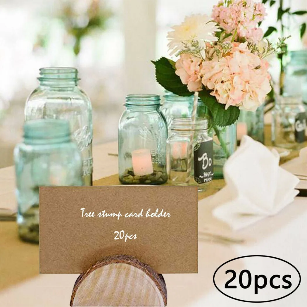 

20PCS Wooden Table Card Holder Name Place Cards Signs Stand Stump Wedding Party Sign Wood Craft Menu Clip Card Decorate Supplies