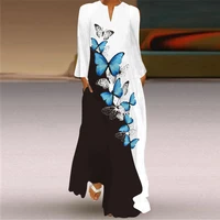white v neck long sleeve elegant vintage maxi dress fashion butterfly floral beach casual long dress women big size dresses robe