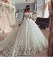 2020 fashion a line wedding dresses off shoulder long sleeve lace appliques sweep train bridal gowns tulle formal vestidos