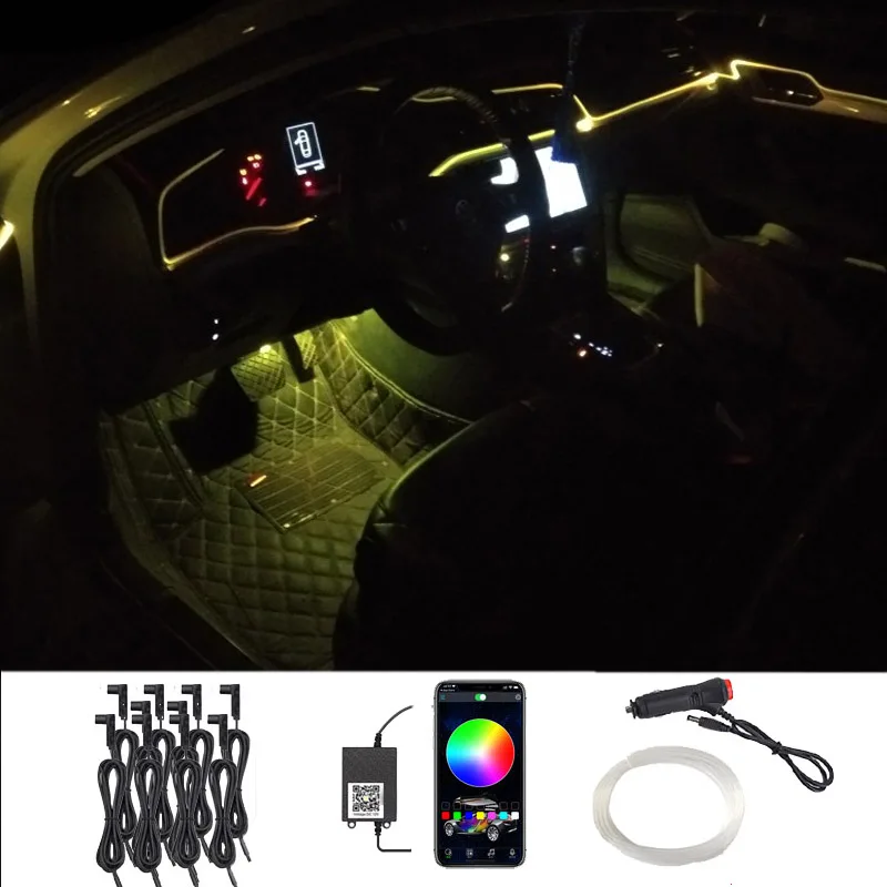 

RGB Fiber Optic Cars Interior Decorative Ambient Lights App Sound Control LED Strip Cigarette Lighter Auto Atmosphere Lamp 12V
