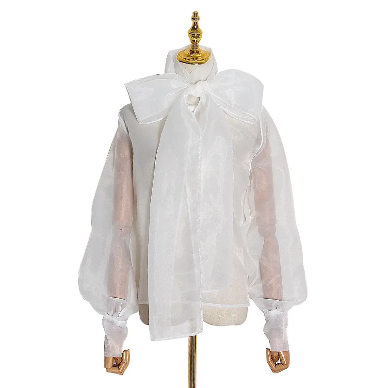 

mesh ladies t shirt A hot seller: 2020 new organza blouse with bowknot and long sleeves white harajuku shirt polera mujer