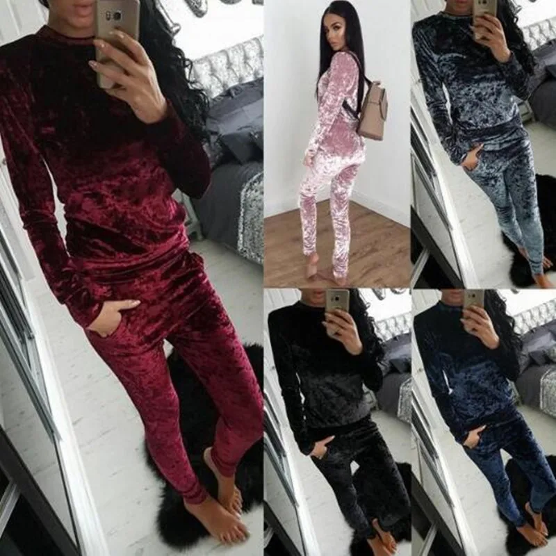 Autumn Women Warm Velvet 2 Two Piece Set Tracksuit Velor Smooth Soft Home Suit Fitness |