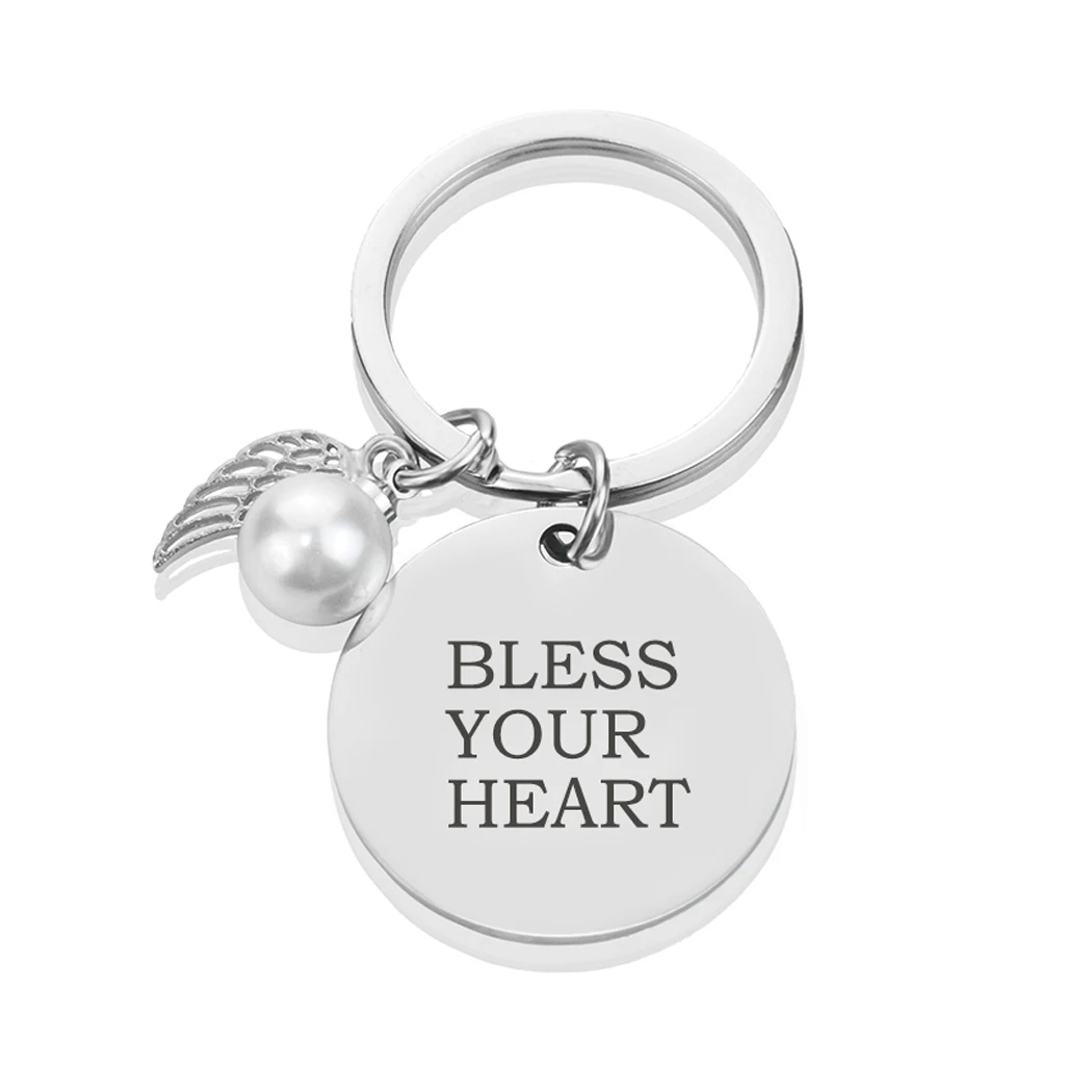 

Bless Your Heart Letter Engraved Stainless Steel Keychain Angel Wings Key Chain Wish Jewelry Christmas Gift