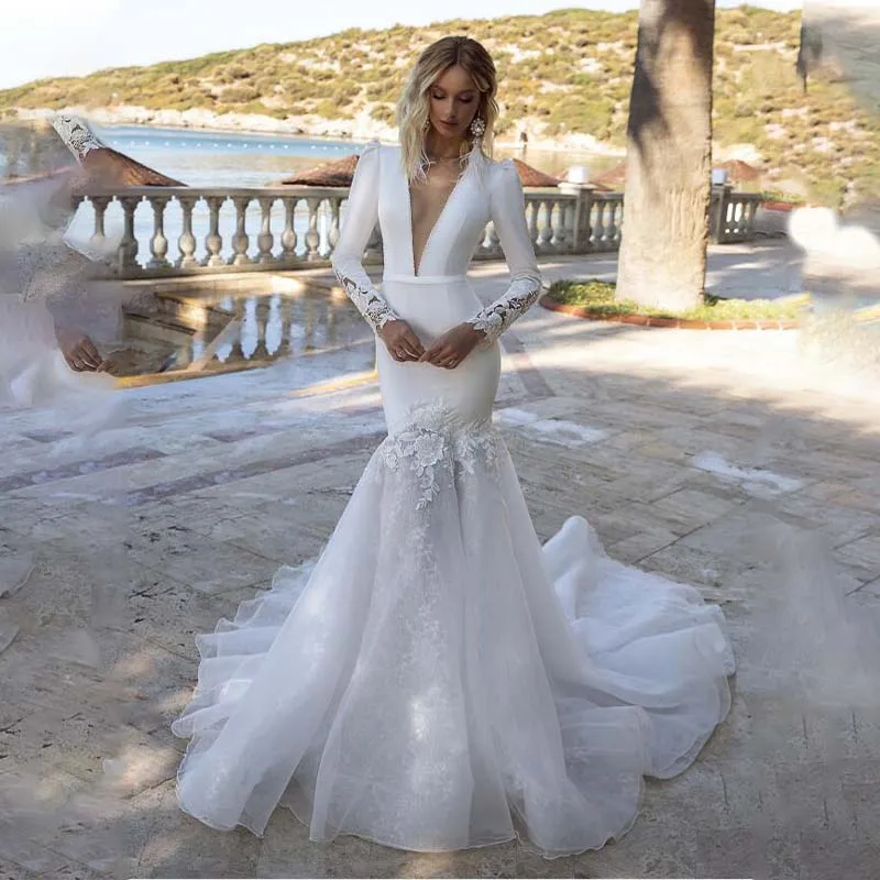 

Arabic Aso Ebi Mermaid Wedding Dress Full Sleeves 3D Floral V Neck Buttons Back Sweep Train Bridal Gowns African Bride Customiz
