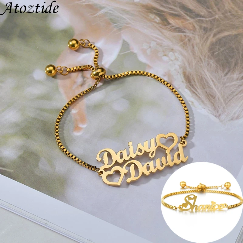 Atoztide Custom 1-2 Names Bracelet Stainless Steel Charms HandChain Letter Stretch Box Chain Bangle for Women Jewelry Gift